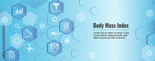 BMI or Body Mass Index Icons with scale, indicator, & calculator