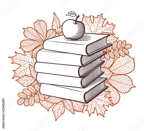 Pile of books and apple on autumn leaves background. Educational concept, stylized vector illustration