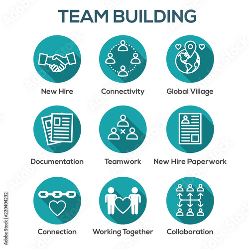 Team Building, Teamwork, and Connectivity Icon Set with Stick Figures and Intersections