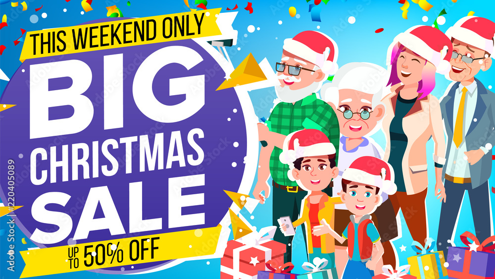 Obraz premium Christmas Sale Banner Vector. Holidays Sale Announcement. Big Christmas Banner. Illustration
