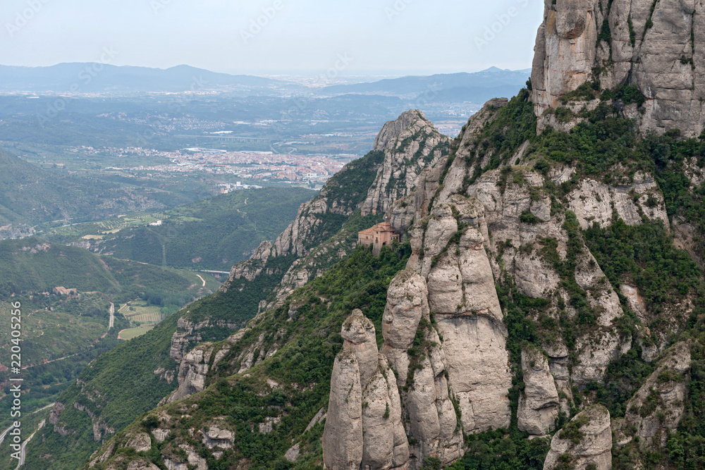 Panoramic view of Llobregat river valley from Montserrat Abbey, Spain.
