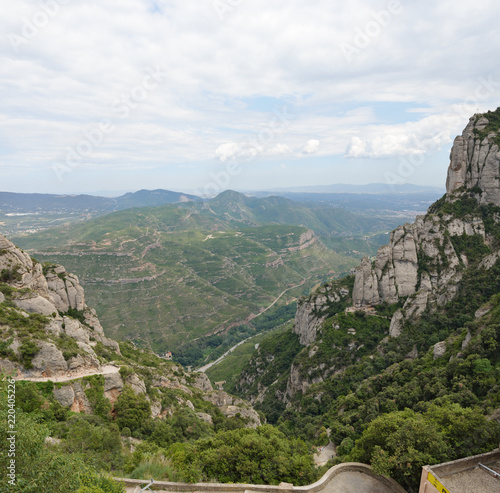 Panoramic view of Llobregat river valley from Montserrat Abbey, Spain.