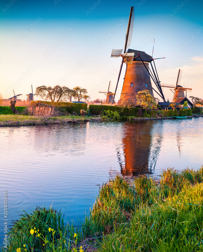 Famous mindmills in Kinderdijk museum in Holland, UNESCO World Heritage Site.