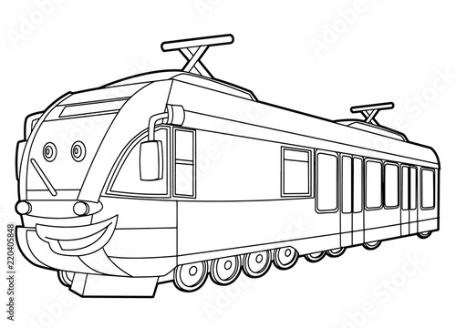 cartoon funny looking fast train - vector coloring page - isolated - illustration for children