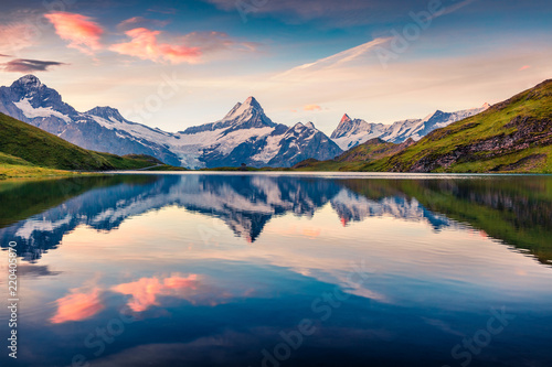 Colorful summer sunrise on Bachalpsee lake with Schreckhorn and Wetterhorn peaks on background. © Andrew Mayovskyy