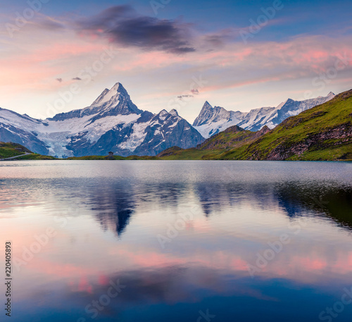 Schreckhorn mountain reflected in Bachalpsee lake