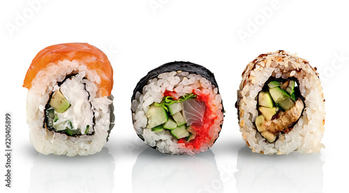 Various sushi rolls in a row