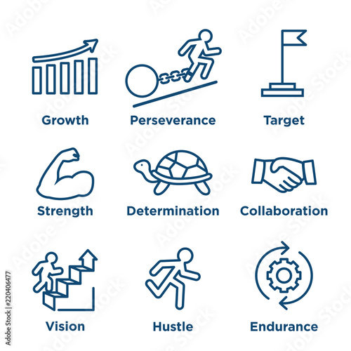 Persistence icon set with image of extreme motivation and drive set on persevering