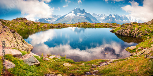 Colorful summer view of the Lac Blanc lake with Mont Blanc (Monte Bianco) on background photo