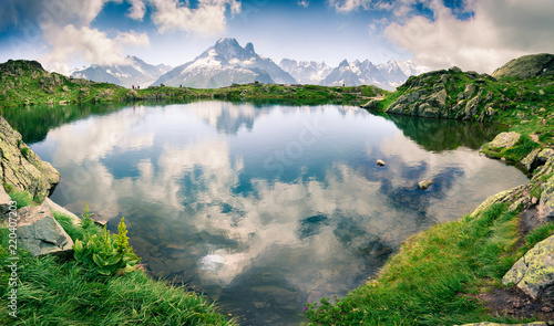 Amazing summer view of the Lac Blanc lake with Mont Blanc  Monte Bianco  on background  Chamonix location.
