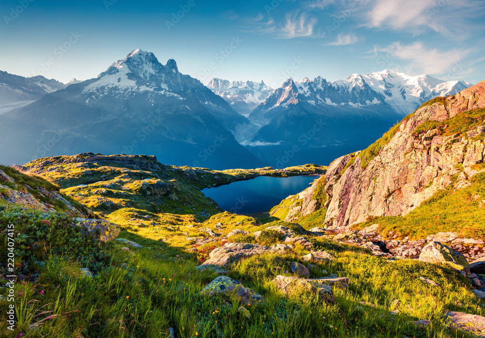 Colorful summer view of the Lac Blanc lake with Mont Blanc (Monte Bianco) on background Colorful summer view of the Lac Blanc lake with Mont Blanc (Monte Bianco) on background