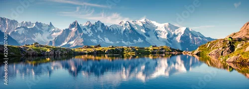 Naklejka Colorful summer panorama of the Lac Blanc lake with Mont Blanc (Monte Bianco) on background
