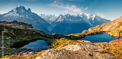 Colorful summer view of the Lac Blanc lake with Mont Blanc (Monte Bianco) on background