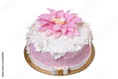 Delicious cake on the day of baptism. On a white background.