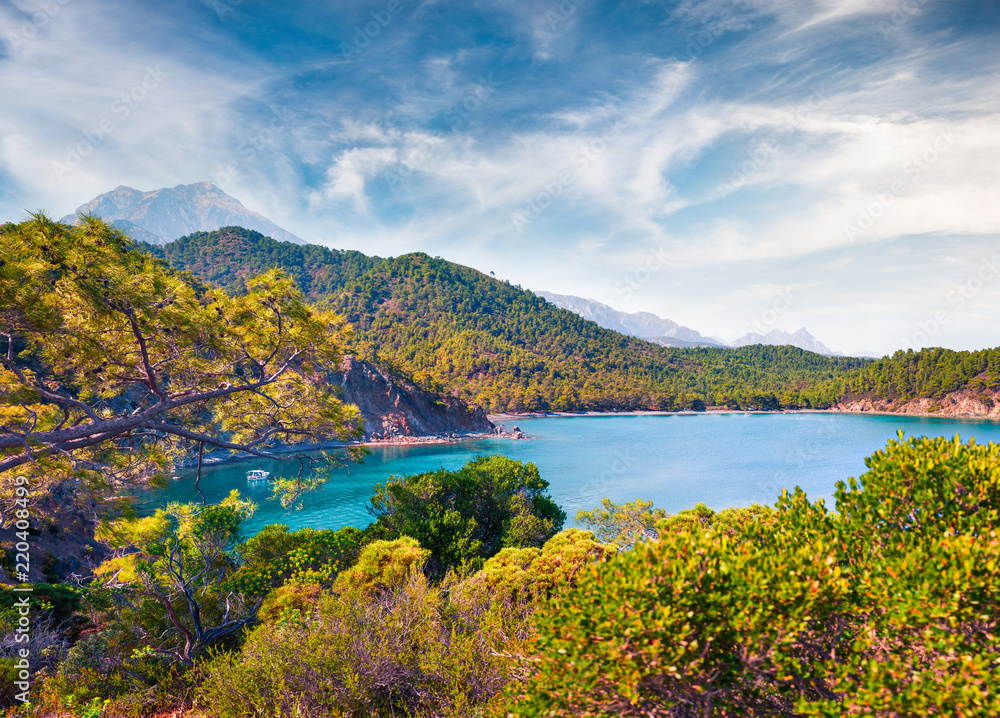 Amazing Mediterranean seascape in Turkey. Bright spring view of a small azure bay near the Tekirova village, District of Kemer, Antalya Province. Beauty of nature concept background.