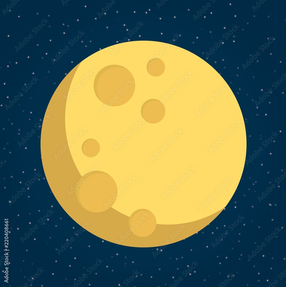 Fototapeta premium Moon in flat dasign style. Night space astronomy and nature moon icon. Gibbous vector on dark background. Cartoon planet moon icon. Science astronomy Earth satellite in space