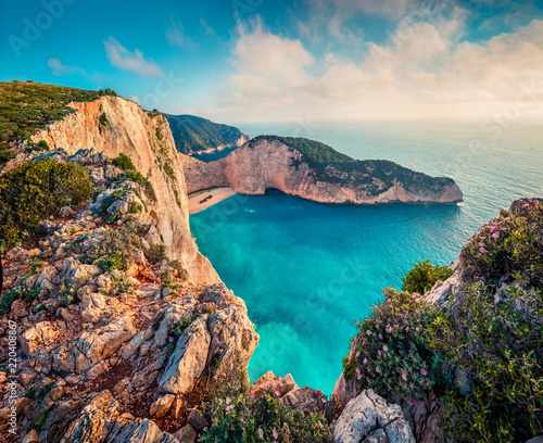Colorful spring view of Navagio beach with shipwreck. Sunny morning seascape of Ionian Sea, Zakynthos (Zante) island, Greece, Europe. Beauty of nature concept background.