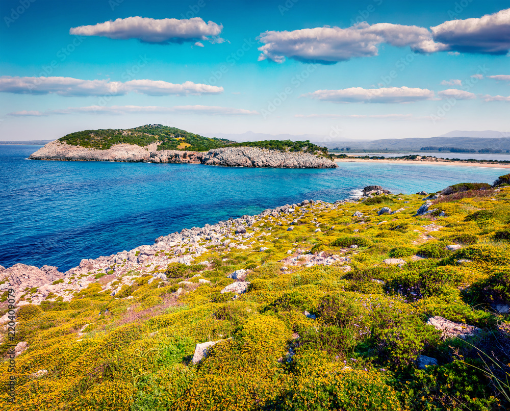 Colorful spring view of Voidokilia beach. Bright morning scene of the Ionian Sea, Pilos town location, Greece, Europe. Beauty of nature concept background. Artistic style post processed photo.