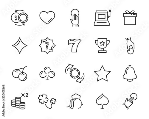 set of casino game vector line icons, such as blackjack card, jackpot, bet, luck and more