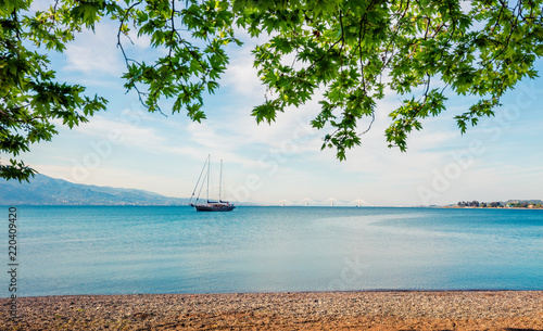 Beautiful spring view of the Nafpaktos shore. Fantastic morning scene of the Gulf of Corinth, Greece, Europe. Traveling concept background. Beauty of countryside concept background.