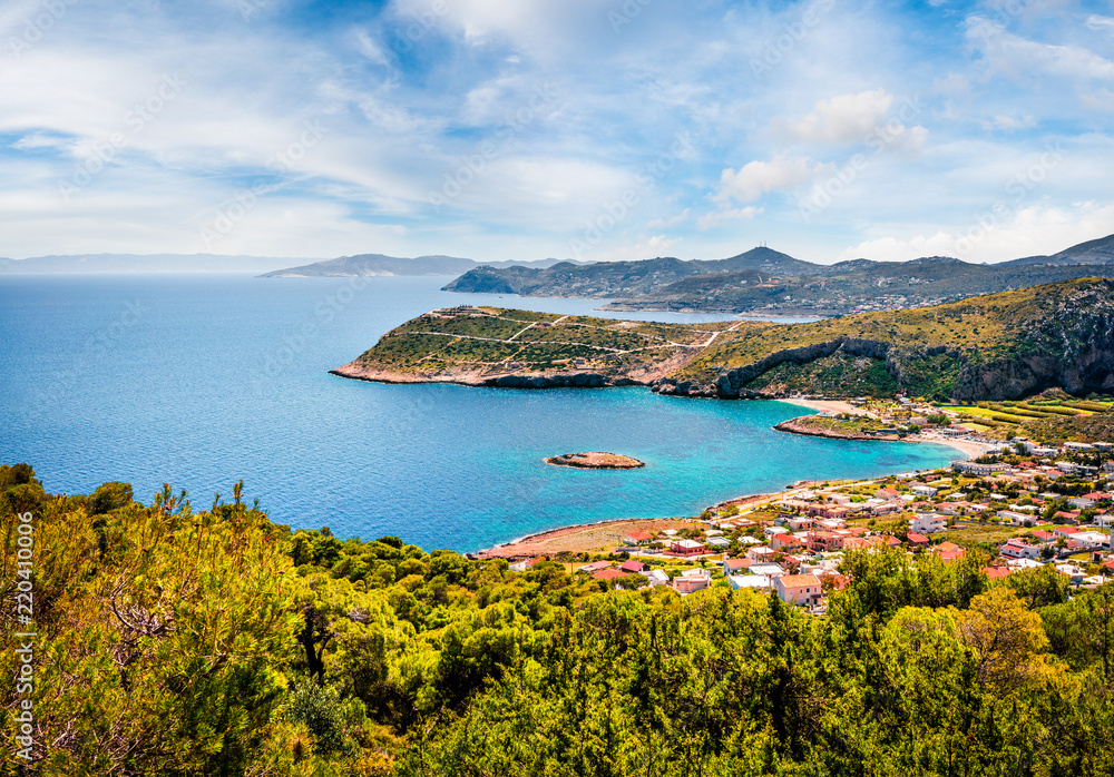 Aerial view of Paralia Kakis Thalassis village. Colorful spring seascape of Aegean sea. Sunny morning scene of the Greece, Europe. Beauty of nature concept background.