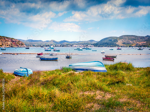 Splendid spring view of the Nuevo Loca Beach. Sunny morning seascape of the Aegean sea, Palaia Fokaia location, Greece, Europe. Traveling concept background. Artistic style post processed photo. photo