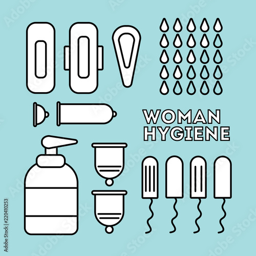 Flat icons. Feminine hygiene (sanitary napkin, tampon, menstrual cup, soap for intimate hygiene). vector illustration