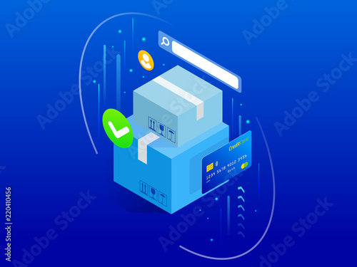 Isometric Fast Delivery Service, Online Delivery, Online Shopping, Finance Instrument web banner concept. Modern vector illustration foe website or lending