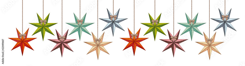 Fototapeta premium Vintage christmas stars in a super long row isolated on white