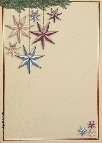 Vintage christmas card with stars hanging from a spruce branch