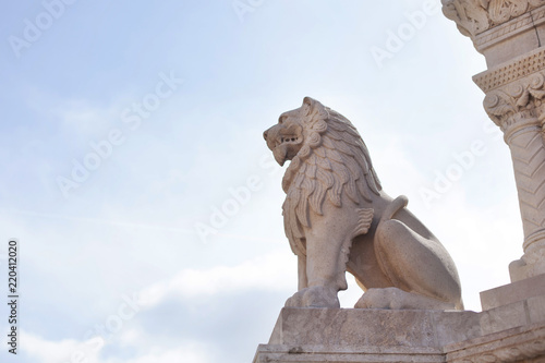 a large stone lion. "Fishermen's Bastion" is a tourist center.