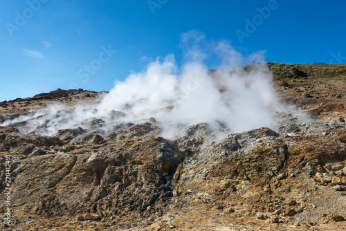 Seltún, high temperature geothermal area, boardwalk through area, mudpots, fumaroles, minerals deposited, colorful sediments, Seltun South West Iceland near Reykjavik