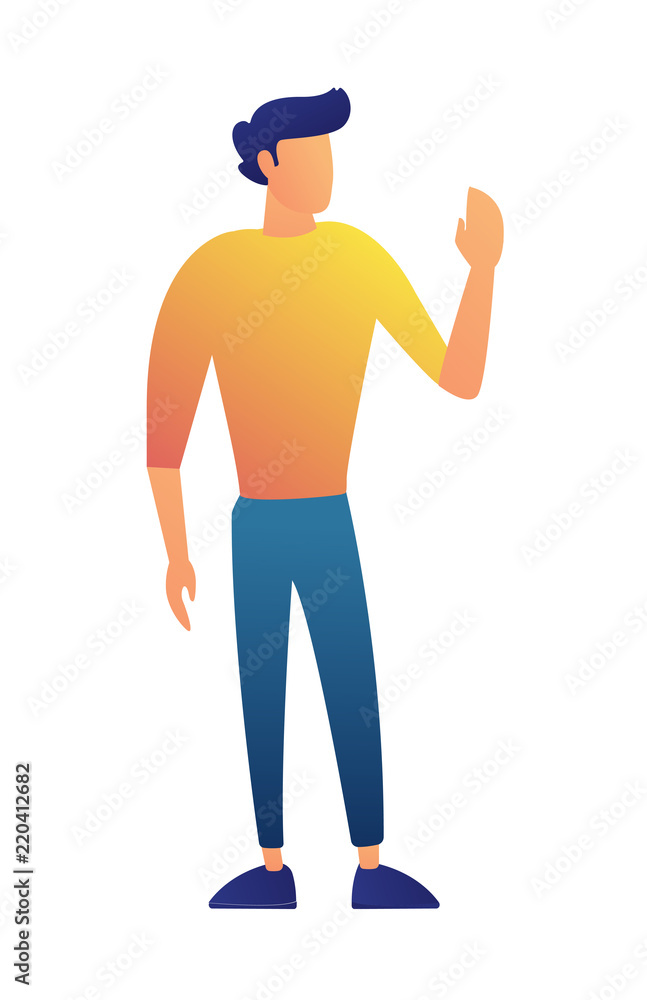 Young businessman waving his hand vector illustration. Making greeting gesture, waving hand and saying goodbye, business achievement and challenge concept. Isolated on white background.