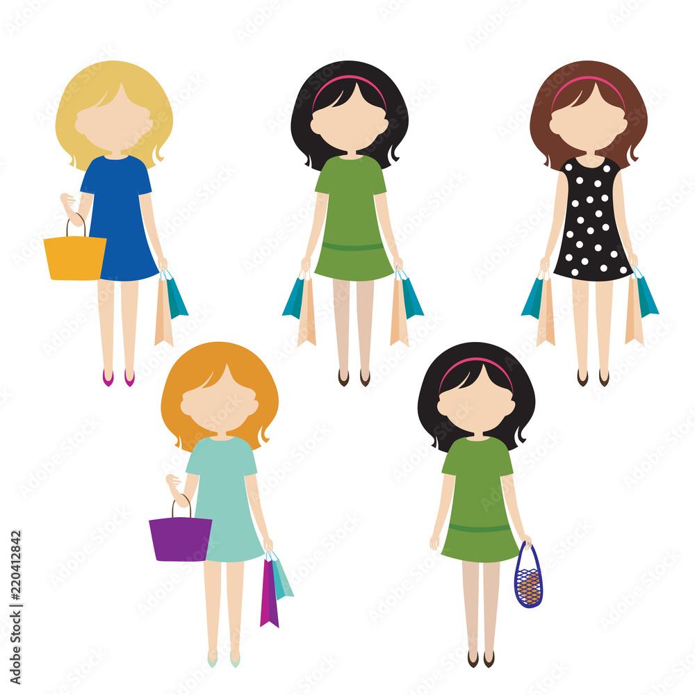 Set of simple vector illustrations of woman in colorful dress with shopping bags. Flat design, isolated Set of simple vector illustrations of woman in colorful dress with shopping bags. Flat design, isolated