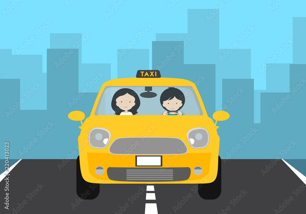 A young driver man driving a yellow car with a passenger and a TAXI sign. Gray asphalt road with white stripes and green lawn, with city buildings in the background under blue sky and space for text.