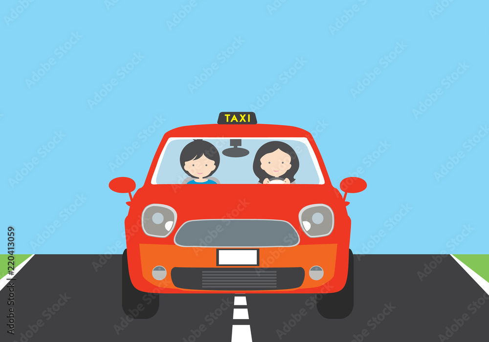 A young woman driving a red car with a passenger and a TAXI sign. Gray asphalt road with white stripes and green lawn under blue sky and space for text.