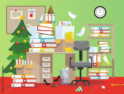 New year Evening Period of reports submission. Pile of paper documents, file folders in cardboard boxes on table. Flat vector illustration office interior with christmas tree, clock, paper cap