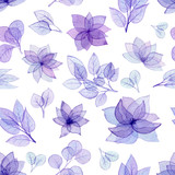 Seamless Pattern of Watercolor Violet Flowers and Leaves