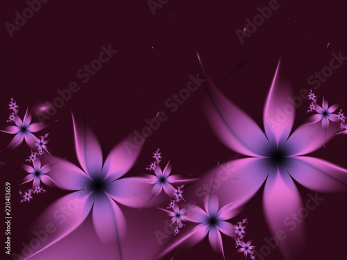 Fractal image with fantasy flowers. Template with place for inserting your text...Fractal art as purple background. © valin1