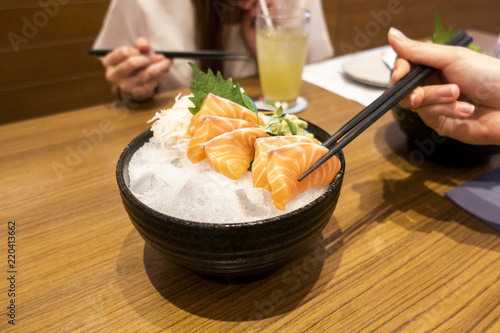 Raw Salmon fish in bowl , ready to eat