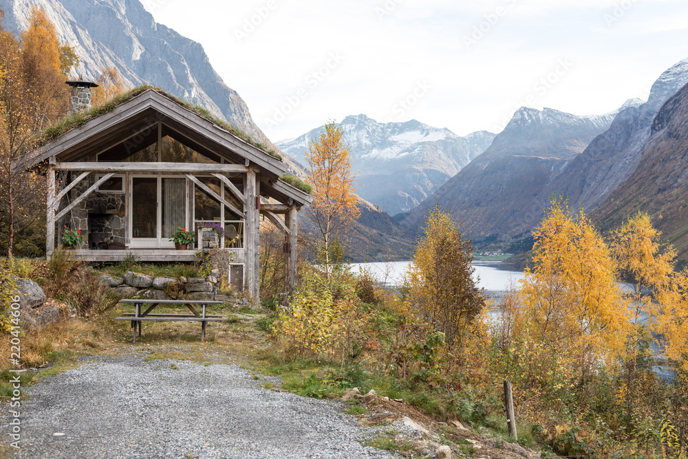 norwegian fjord with typical old house with grass roof soden, norway, europe, urke city norwegian fjord with typical old house with grass roof soden, norway, europe, urke city