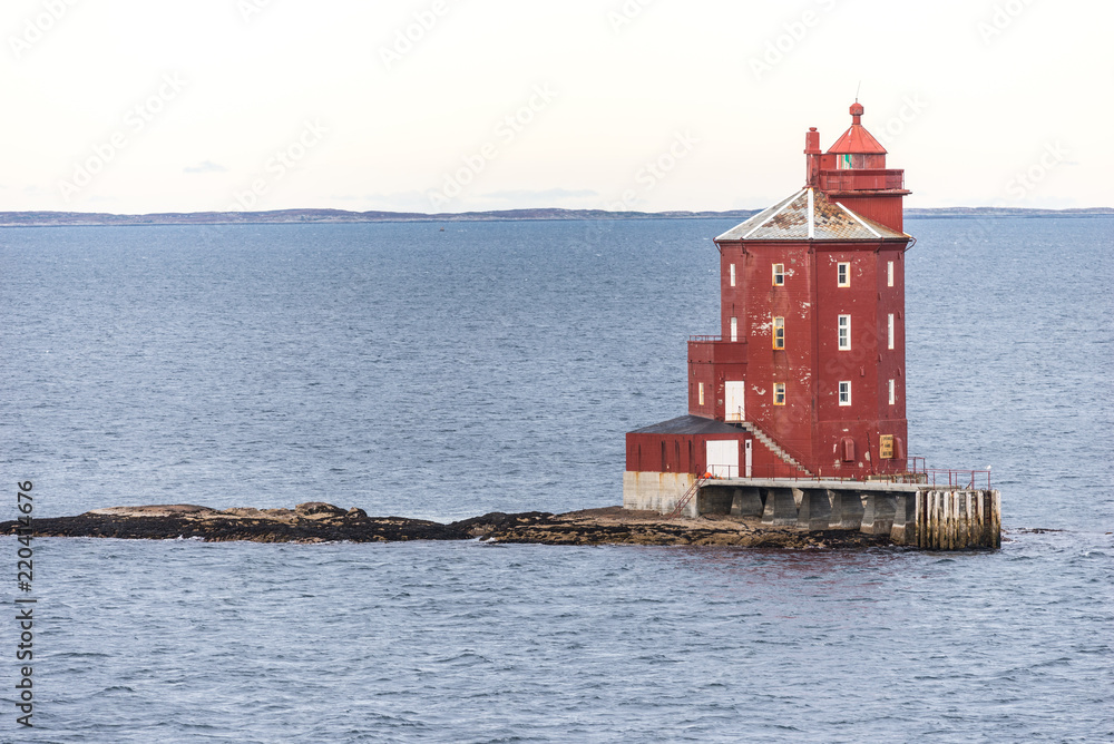 norwegian red lighthouse with mountains and water, view from hurtigruten ship boat, norway, europe, norwegian red lighthouse with mountains and water, view from hurtigruten ship boat, norway, europe,