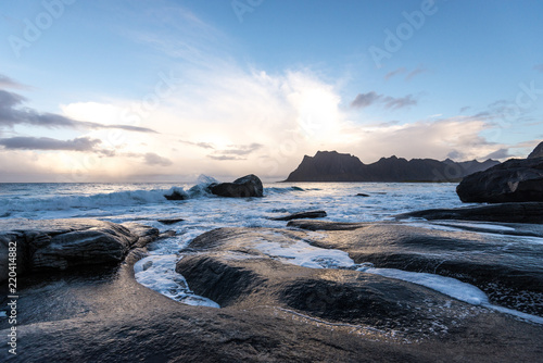 norwegian uttakleiv beach, long time exposure, sunset, white sand beach, norway, europe, lofots, lofoten