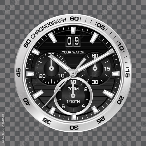 Silver watch clock chronograph face luxury on grey checkered background vector illustration.