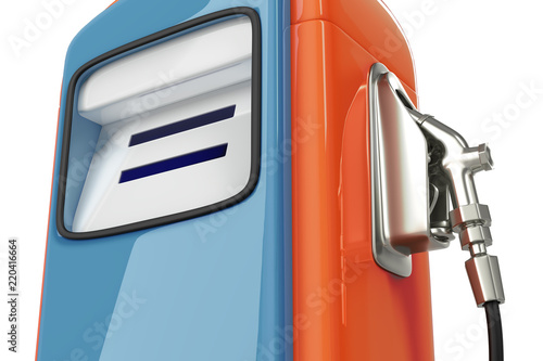 3d rendering close-up shot of vintage blue-orange gas pump dispenser isolated on white background with clipping paths.