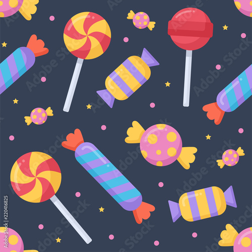 Cute candy and lolipop seamless pattern on a dark background. Vector illustration.