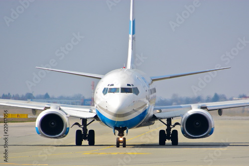 This is a view of Enter Air plane Boeing 737 registered as SP-ENU on the Warsaw Chopin Airport. March 1, 2017. Warsaw, Poland.