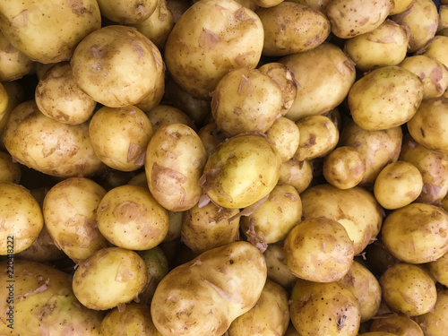 Fresh organic young potatoes sold on market