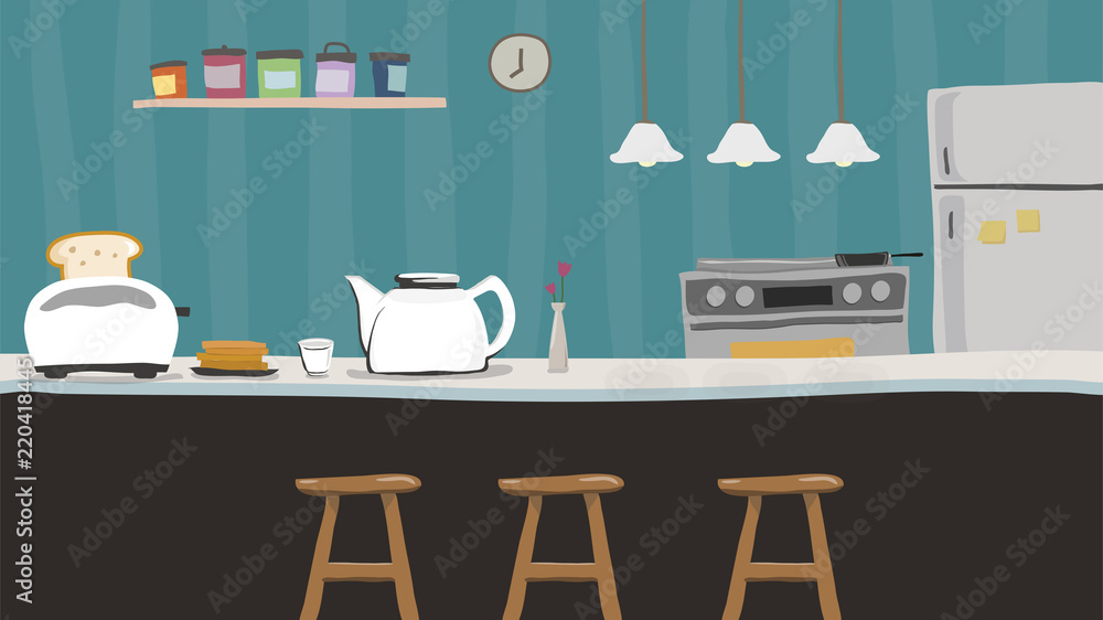 kitchen counter with teapot, flower vase, toaster children vector kitchen counter with teapot, flower vase, toaster children vector
