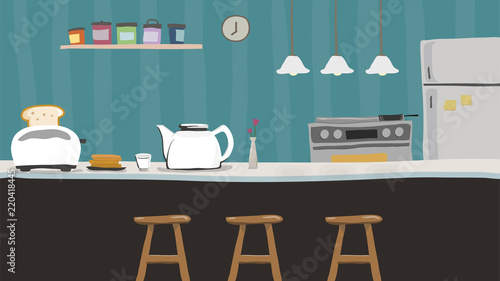 kitchen counter with teapot, flower vase, toaster children vector